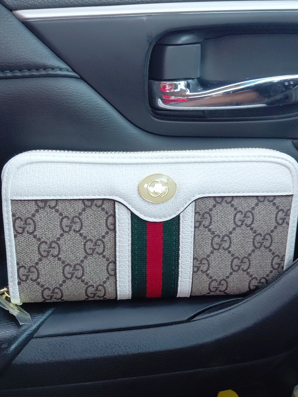 Gucci Beige GG Web Stripe Zip-Around Wallet with White Trim
